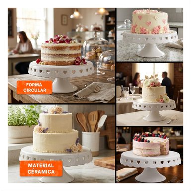 BASE PORTA TORTA COLOR BLANCO CERAMICA CORAZONES 25 CM PARA MESA Y+LIGAS REGALO - 1