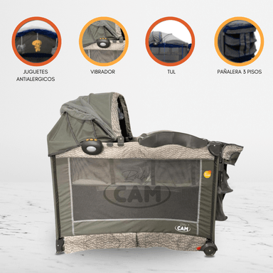CUNA CORRAL BABY CAM TOURYNG ALGODÓN GRIS PACK AND PLAY PARA BEBÉS