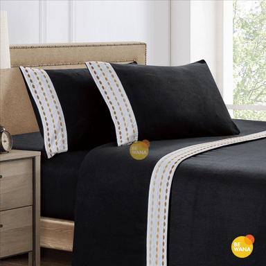 SET SÁBANAS CASATEX 2 PLAZAS POLAR NEGRO BORDADA ULTRA SUAVE 4 PIEZAS