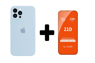 CASE IPHONE 15 PRO MAX AZUL CIELO SILICON + VIDRIO TEMPLADO - 1