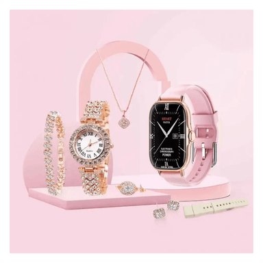 SET SMARTWATCH A58 PLUS ROSADO + JOYAS (RELOJ DE CUARZO + PULSERA + COLLAR + ARETES + ANILLO)