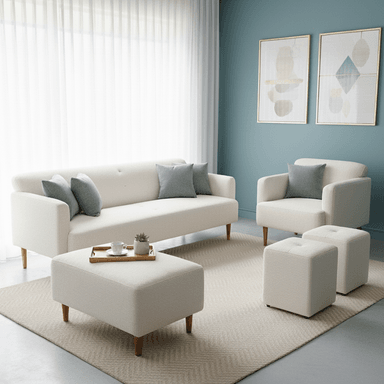 JUEGO DE SALA MALLHOGAR ZARA 3-1 - BANQUETA Y 2 PUFF IVORY