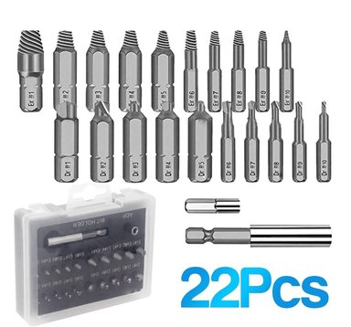 KIT EXTRACTOR DE TORNILLOS DAÑADOS DE 22 PIEZAS