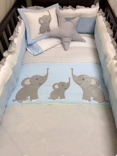 SET CUNA BABYTU ALGODÓN CELESTE BORDADO DISEÑO TRIO ELEFANTITOS