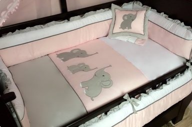 SET DE CUNA ESTANDAR - DISEÑO TRIO ELEFANTITOS- BORDADOS - ROSADO