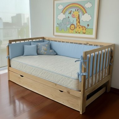 PROTECTORES PAPACHOQUES DE CAMA CUNA MONTESSORI 1.5 PLAZAS DISEÑO CELESTE