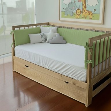 PROTECTORES  PARACHOQUES LATERALES DE CAMA CUNA 1.5 PLAZAS MONTESSORI - DISEÑO VERDE SAFARI