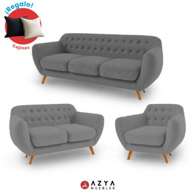 JUEGO SALA AZYA MUEBLES CERES 3-2-1 GRIS + COJINES DECORATIVOS