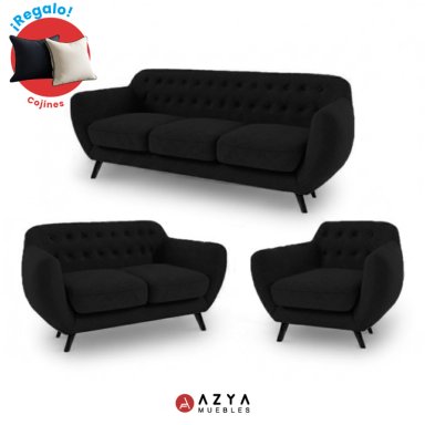 JUEGO SALA AZYA MUEBLES TERCIOPELO CERES 3-2-1 NEGRO + COJINES DECORATIVOS