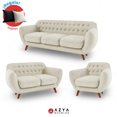 JUEGO SALA AZYA MUEBLES TERCIOPELO CERES 3-2-1 BEIGE + COJINES DECORATIVOS