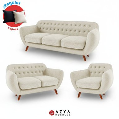 JUEGO SALA AZYA MUEBLES TERCIOPELO CERES 3-2-1 BEIGE + COJINES DECORATIVOS - 1