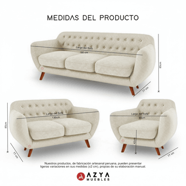 JUEGO SALA AZYA MUEBLES TERCIOPELO CERES 3-2-1 BEIGE + COJINES DECORATIVOS - 3