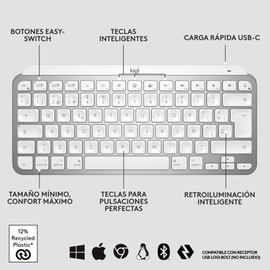 Teclado Inalámbrico Minimalista Logitech MX Keys Mini Pale Grey - 2