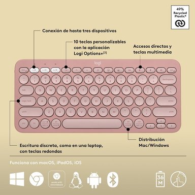 TECLADO LOGITECH PEBBLE 2 K380S BLUETOOTH/WIRELESS SP ROSE - 6