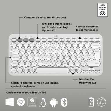 Teclado Bluetooth Multidispositivo Logitech Pebble Keys 2 K380S Blanco - 6