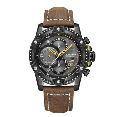 RELOJ MEGIR HOMBRE ANÁLOGO MEG-35 NEGRO MARRÓN ACERO CUERO