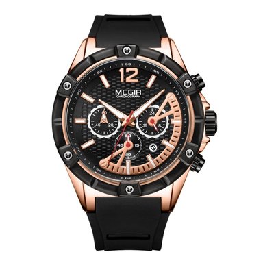 RELOJ MEGIR HOMBRE ANÁLOGO MEG-8 ORO ROSA NEGRO ACERO SILICONA
