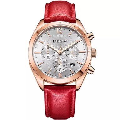 RELOJ MEGIR MUJER ANÁLOGO ORO ROSA ROJO MEG-M-1 ACERO CUERO