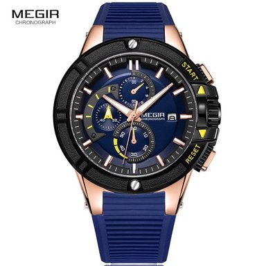 RELOJ MEGIR HOMBRE ANÁLOGO ORO ROSA NEGRO AZUL MEG-9 ACERO SILICONA