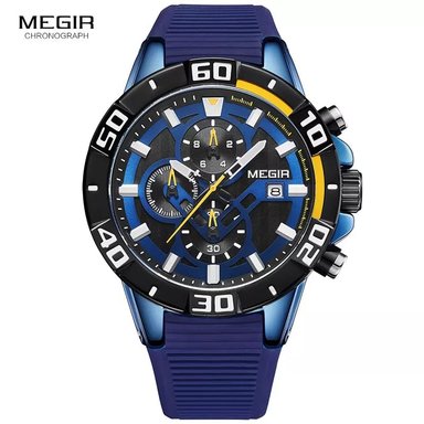RELOJ MEGIR HOMBRE ANÁLOGO AZUL NEGRO MEG-11 ACERO SILICONA