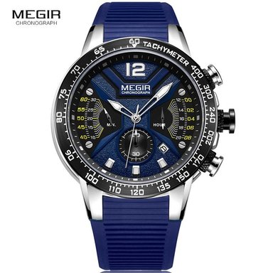 RELOJ MEGIR HOMBRE ANÁLOGO PLATEADO NEGRO AZUL MEG-12 ACERO SILICONA
