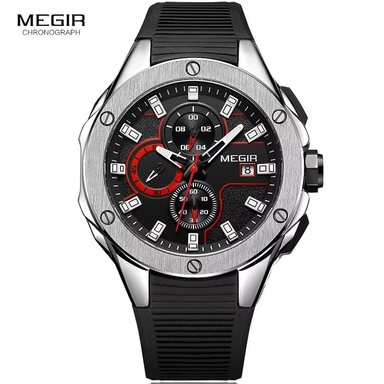 RELOJ MEGIR HOMBRE ANÁLOGO PLATEADO NEGRO MEG-14 ACERO SILICONA