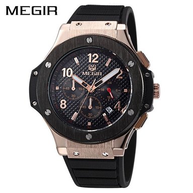RELOJ MEGIR HOMBRE ANÁLOGO ORO ROSA NEGRO MEG-16 ACERO SILICONA