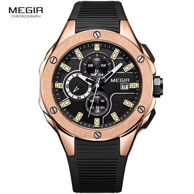 RELOJ MEGIR HOMBRE ANÁLOGO ORO ROSA NEGRO MEG-15 ACERO SILICONA