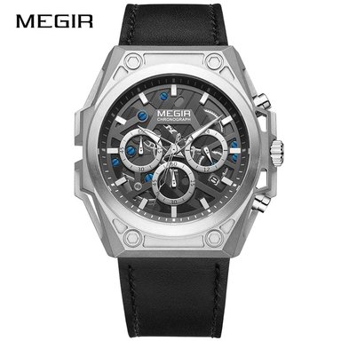 RELOJ MEGIR HOMBRE ANÁLOGO PLATEADO NEGRO MEG-20 ACERO CUERO