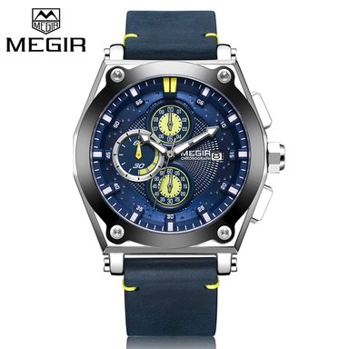 RELOJ MEGIR HOMBRE ANÁLOGO PLATEADO AZUL MEG-26 ACERO CUERO