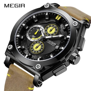 RELOJ MEGIR HOMBRE ANÁLOGO NEGRO MARRÓN MEG-27 ACERO CUERO