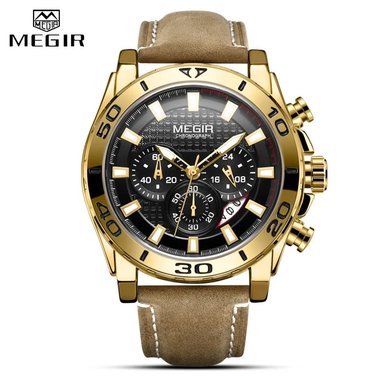 RELOJ MEGIR HOMBRE ANÁLOGO DORADO MARRÓN MEG-28 ACERO CUERO