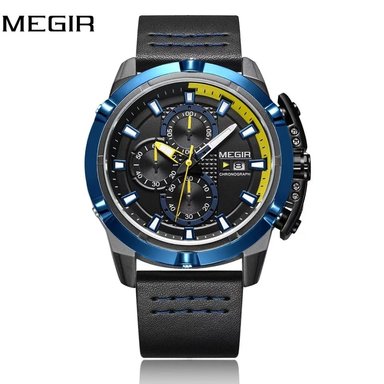 RELOJ MEGIR HOMBRE ANÁLOGO NEGRO AZUL MEG-40 ACERO CUERO