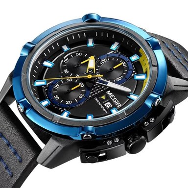 RELOJ MEGIR HOMBRE ANÁLOGO NEGRO AZUL MEG-40 ACERO CUERO - 2