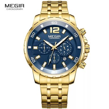 RELOJ MEGIR HOMBRE ANÁLOGO DORADO AZUL MEG-45 ACERO