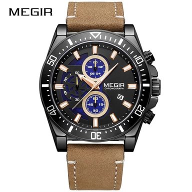 RELOJ MEGIR HOMBRE ANÁLOGO NEGRO MARRÓN MEG-58 ACERO CUERO