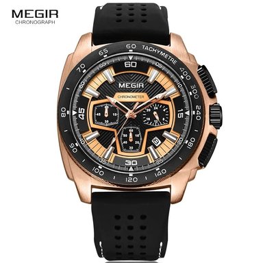 RELOJ MEGIR HOMBRE ANÁLOGO ORO ROSA NEGRO MEG-60 ACERO
