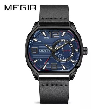 RELOJ MEGIR HOMBRE ANÁLOGO AZUL CORREA GRIS OSCURO MEG-61 CUERO