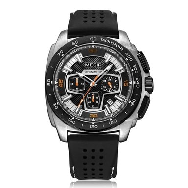 RELOJ MEGIR HOMBRE ANÁLOGO PLATEADO CORREA NEGRA MEG-65 ACERO SILICONA