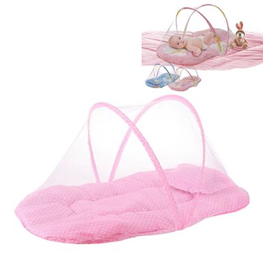 CUNA PUNTITOS ROSADO CON MOSQUITERO