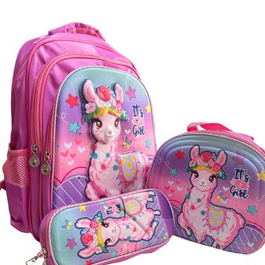 SET MOCHILA LHAMAS 3D LONCHERA ESTUCHE CON RELIEVE Y LUCES