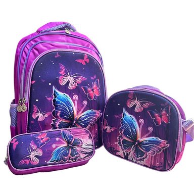 SET MOCHILA MARIPOSA 3D LONCHERA ESTUCHE CON RELIEVE Y LUCES