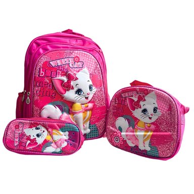 SET MOCHILA GATITA 3D LONCHERA ESTUCHE CON RELIEVE Y LUCES