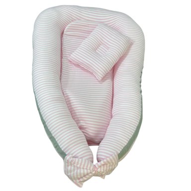NIDO COLECHO PARA BEBE CON ALMOHADA  85X 50 CON FORRO ROSADO CON RAYAS
