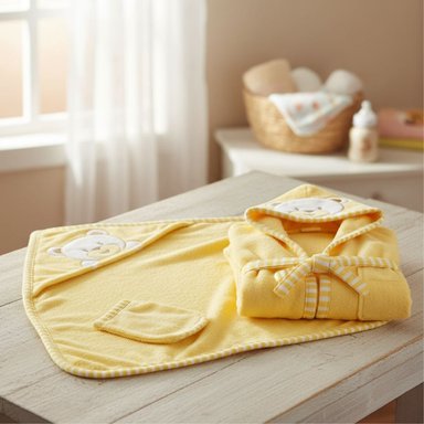 SET DE BAÑO DE BEBE + TOALLA + SALIDA DE BAÑO + MANOPLA + BABITA (AMARILLO) - 2
