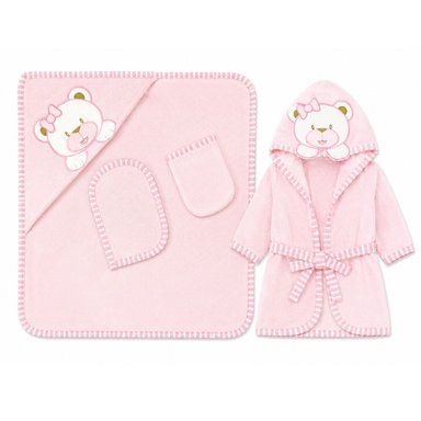 SET DE BAÑO DE BEBE + TOALLA + SALIDA DE BAÑO + MANOPLA + BABITA (ROSADO) - 1