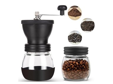 MOLINILLO DE CAFÉ MANUAL CON 2 TARROS DE VIDRIO TRANSPARENTES