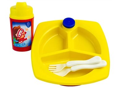 SET DE PLATO + TOMATODO Y CUBIERTOS PARA BEBÉS 3 PIEZAS AMARILLO CON ROJO BASA