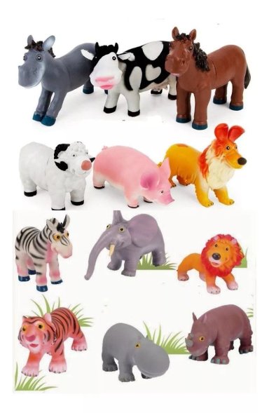 JUGUETE PACK X 12 ANIMALES DE GOMA 8cm SELVA Y GRANJA SUAVES PARA NIÑOS