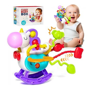 JUGUETE UNICORNIO MORDEDOR CON TIRAS DE SILICONA SENSORIAL PARA BEBES